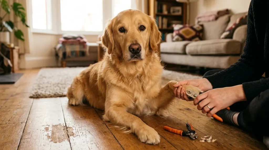 Golden Retriever having nails trimmed with dog nail clippers on hardwood floor