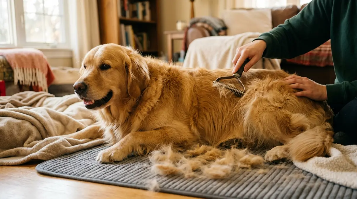 Golden Retriever lying calmly while owner uses an undercoat rake to remove loose fur and tackle mats at home