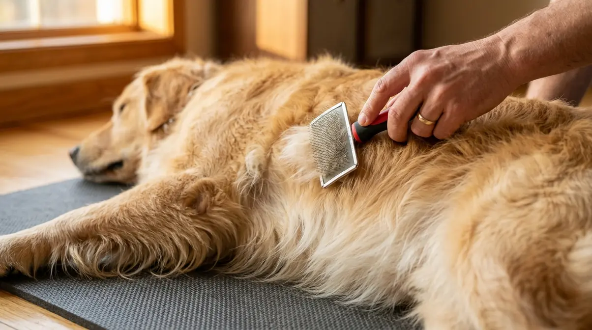 Person using a slicker brush with short light strokes on a Golden Retriever's double coat during at-home grooming