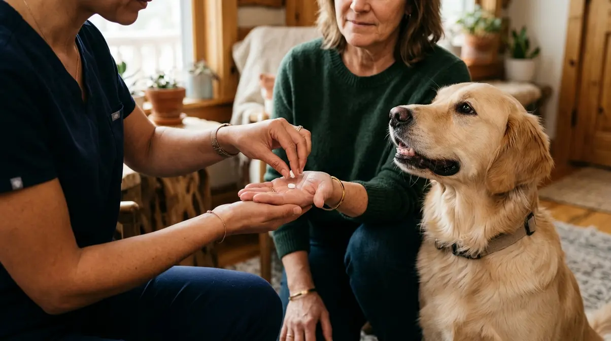 Veterinarian handing prescription tablet to dog owner while Golden Retriever sits calmly nearby