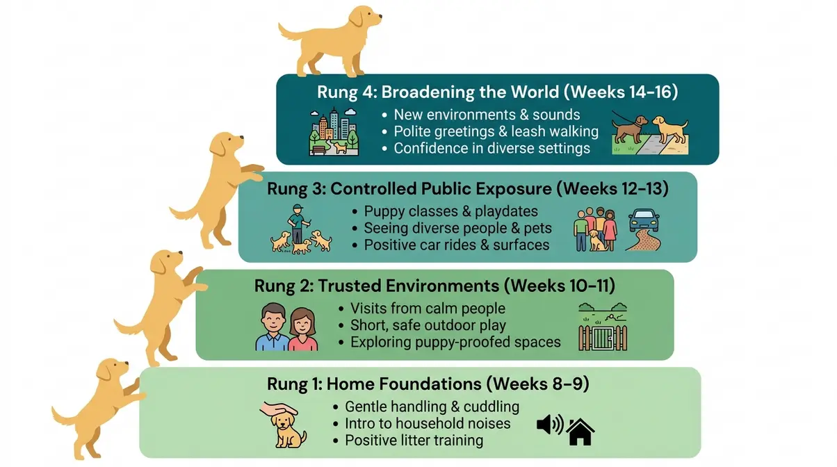 Golden retriever puppy socialization confidence ladder infographic showing weekly progression from home to public spaces