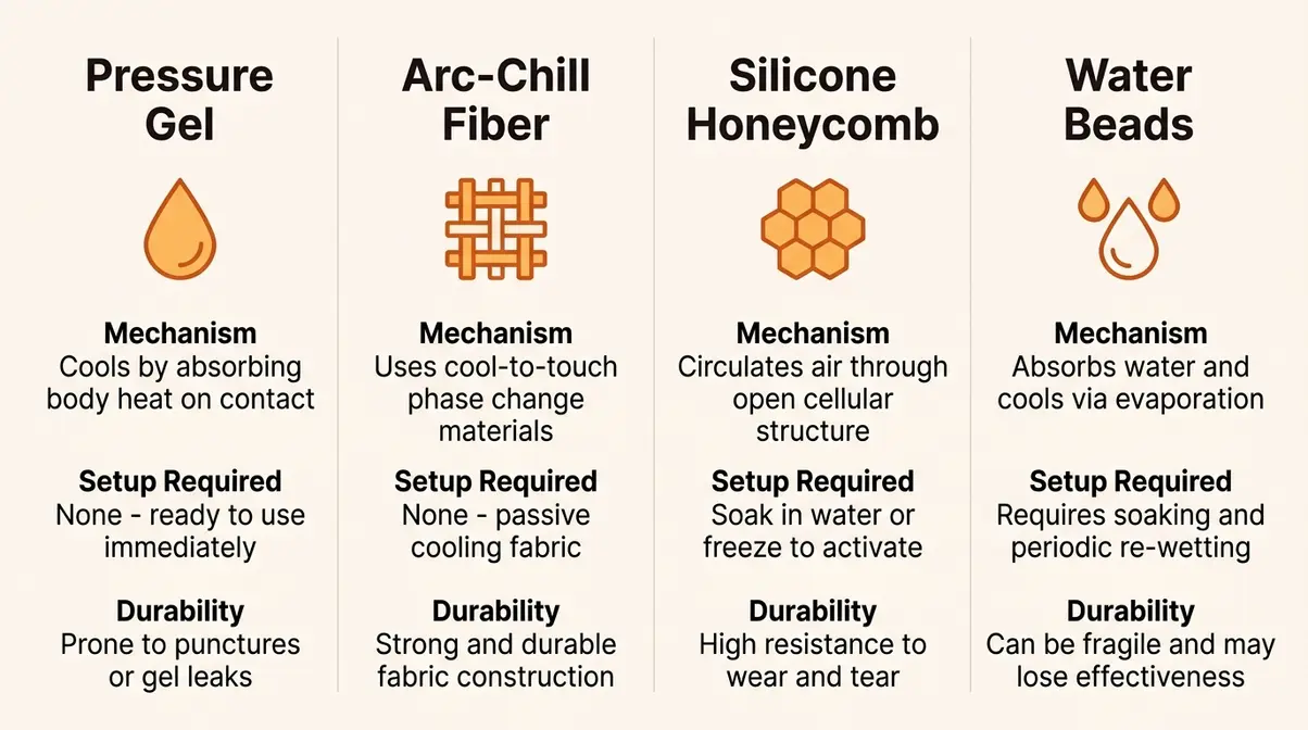 Infographic comparing gel, ice silk, silicone honeycomb, and water bead cooling mat technologies for dogs