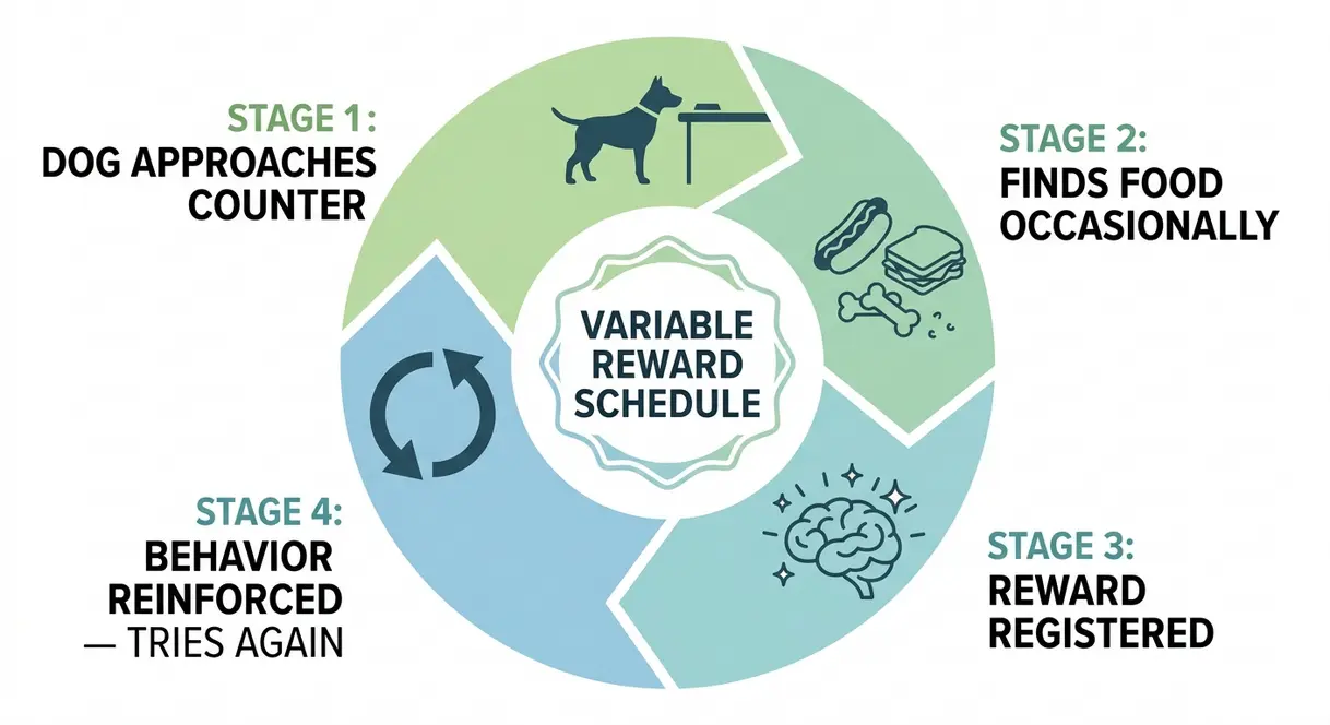 Circular diagram showing the four-stage self-reinforcing counter surfing reward cycle in dogs
