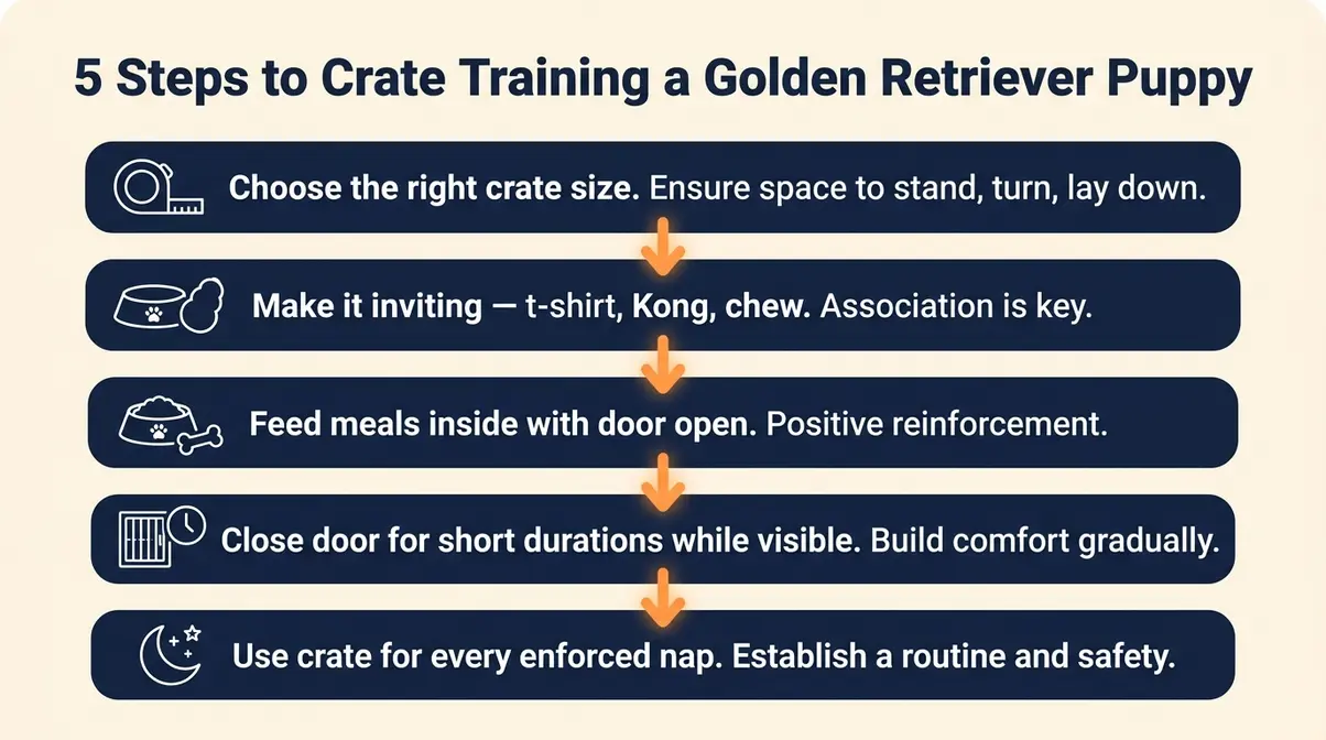 Step-by-step diagram for crate training a golden retriever puppy from introduction to overnight