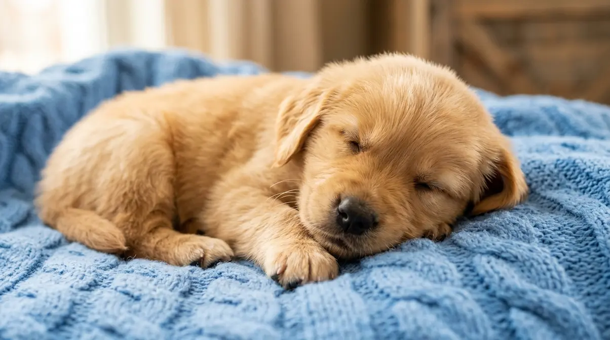 Golden Retriever puppy sleeping inside open crate on soft mat during enforced daytime nap