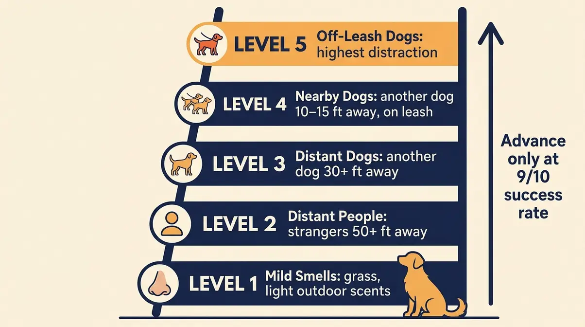 Distraction ladder infographic for golden retriever recall training showing five levels from mild smells to off-leash dogs