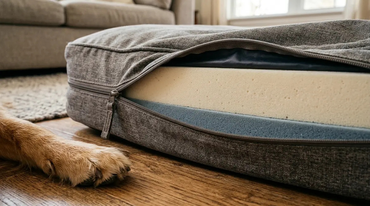 Dog bed partially unzipped showing thick orthopedic foam and waterproof liner inside with Golden Retriever paw on edge