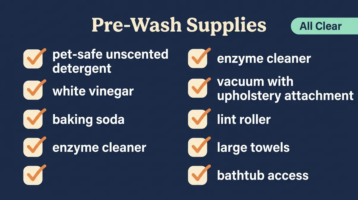 Checklist of supplies needed to wash a dog bed including detergent, vinegar, and enzyme cleaner