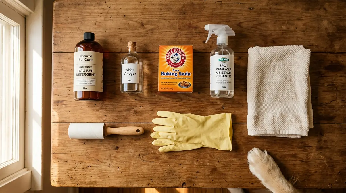 Flat lay of dog bed washing supplies including detergent, vinegar, enzyme cleaner, and towels on a wooden surface