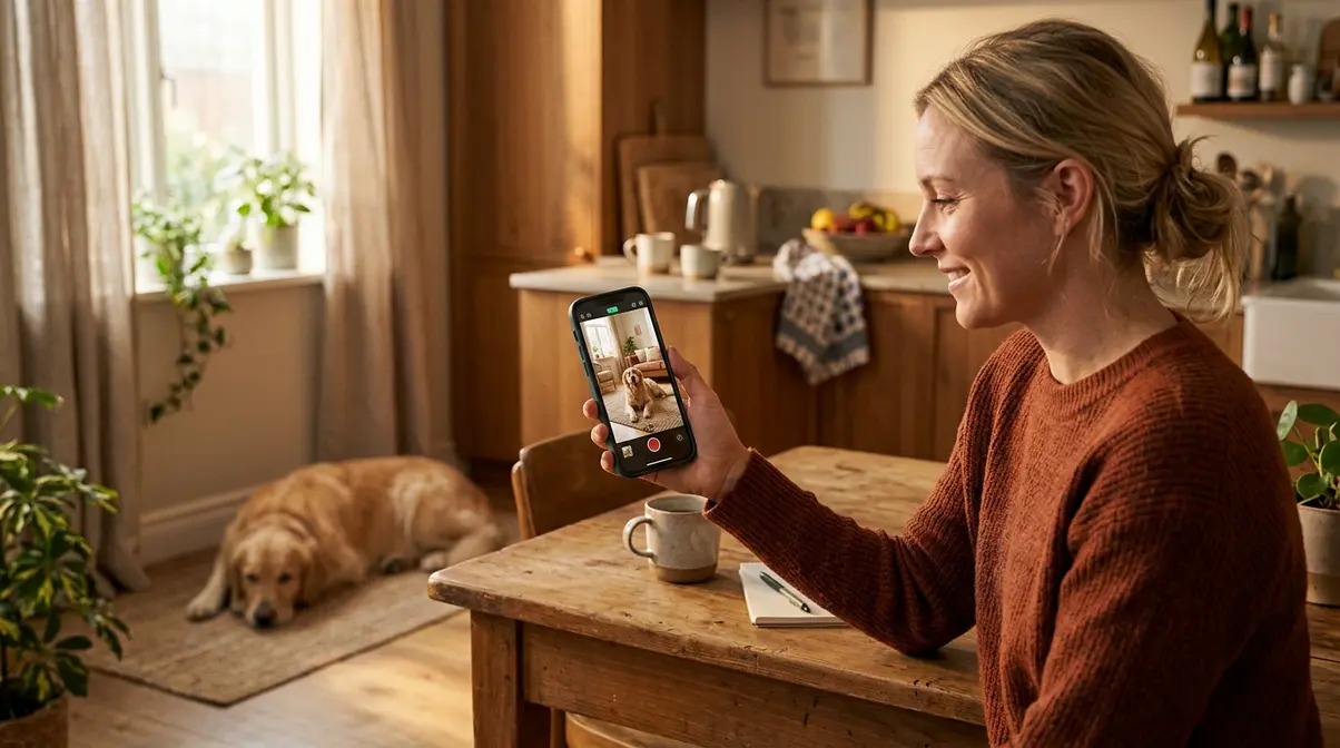 Golden Retriever owner checking a dog camera live feed on a smartphone at home