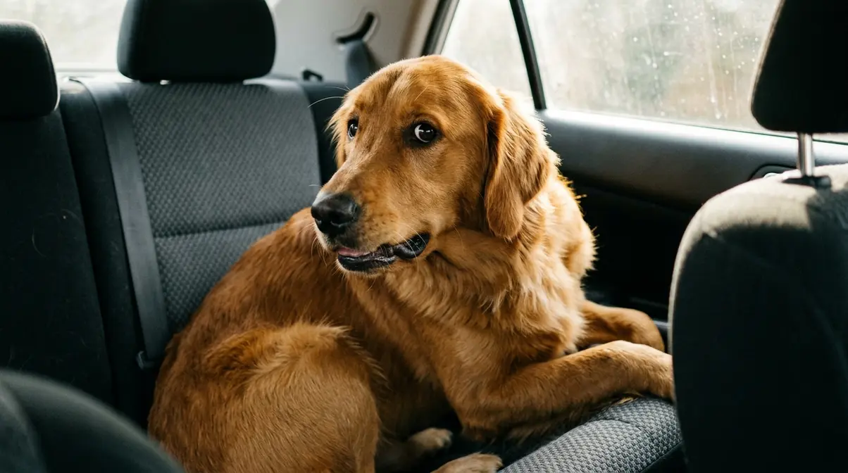 Golden Retriever in car back seat showing lip licking and anxious expression as behavioral car sickness signs