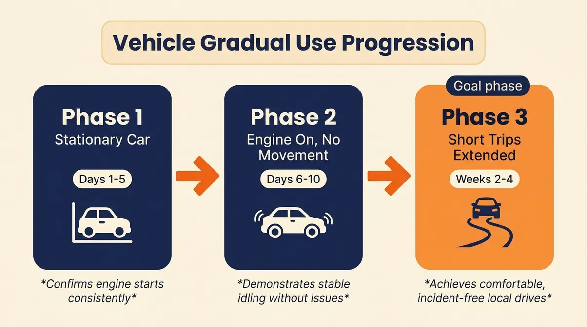 Flowchart diagram showing three phases of car desensitization training for dogs with motion sickness