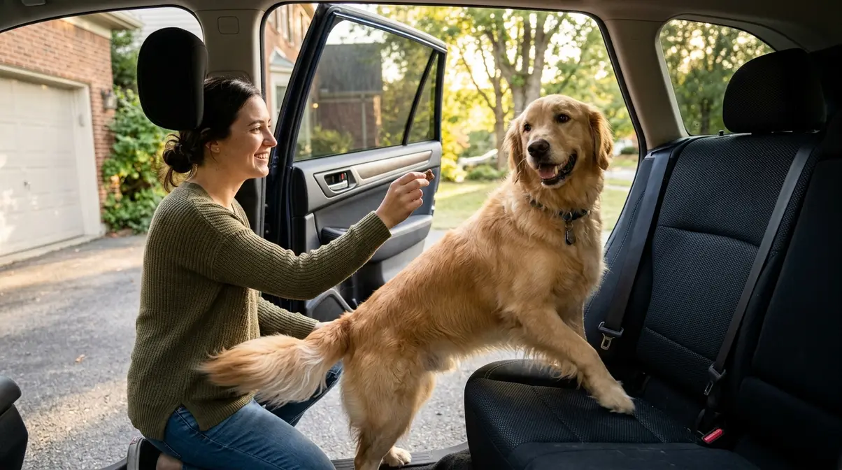 Person offering treat to Golden Retriever stepping into car during car sickness desensitization training