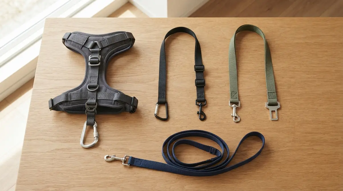 Three dog car restraint types arranged side by side, harness, tether, and snap clip on wooden surface