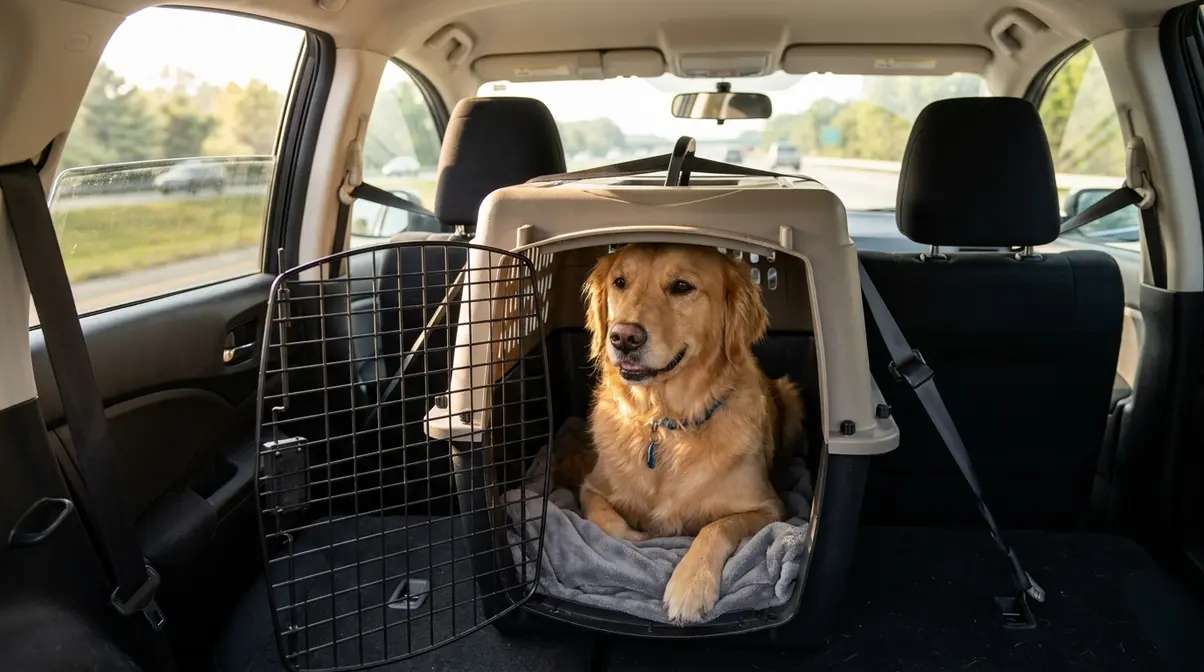 Golden Retriever in forward-facing travel crate secured in car back seat to reduce motion sickness