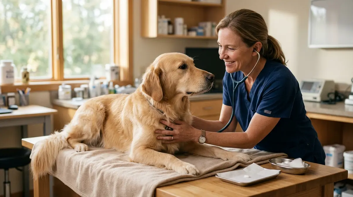 Veterinarian examining Golden Retriever in clinic while discussing dog car sickness medication options