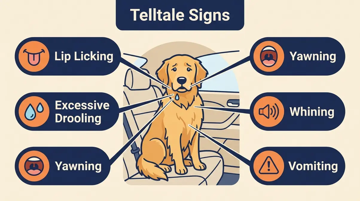 Infographic showing Golden Retriever in car with callout bubbles for dog car sickness symptoms including lip licking and drooling