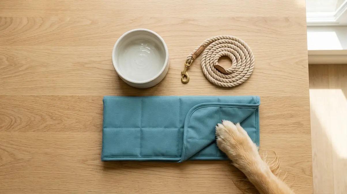 Flat-lay of dog cooling mat accessories including mat, water bowl, and leash on wooden surface