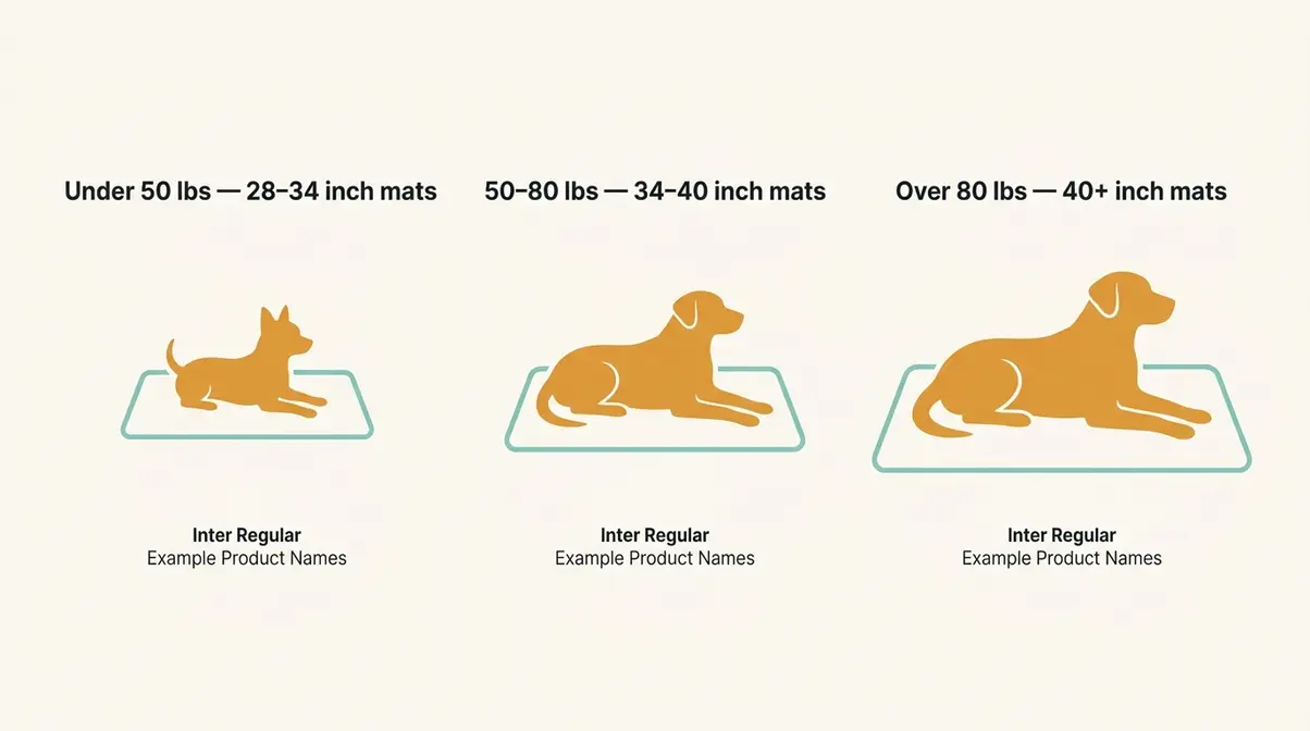 Size guide chart matching dog cooling mat dimensions to breed weight for Goldens, Labs, and Doodles