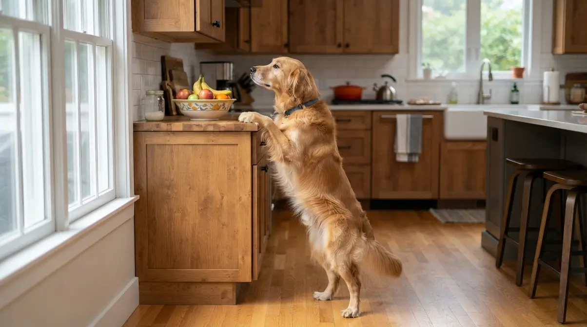 Golden Retriever attempting to counter surf in a bright home kitchen reaching for fruit