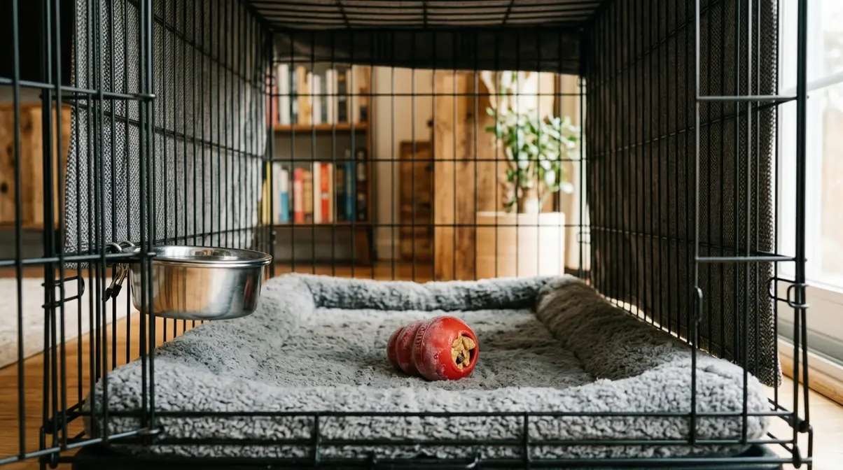 Inside of a wire dog crate with orthopedic mat, frozen Kong toy, and clip-on water bowl set up for daytime use