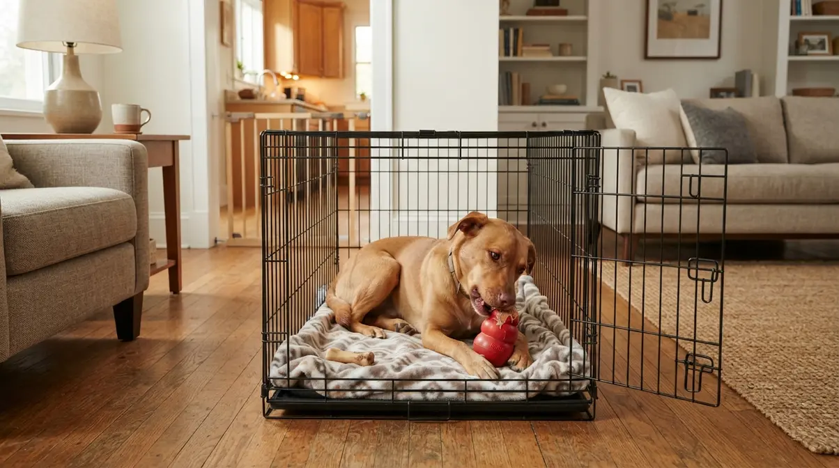 Dog relaxing inside a crate with a Kong toy while a baby gate blocks the kitchen in the background