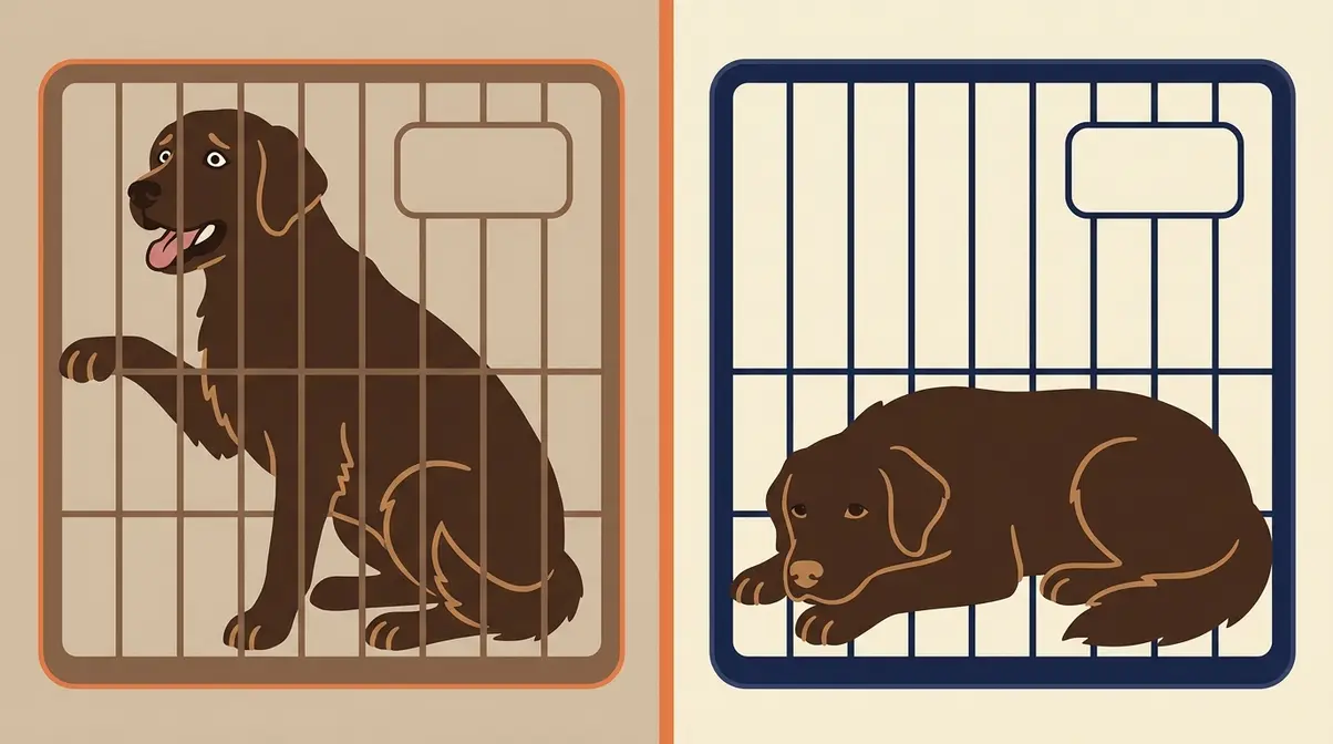 Side-by-side illustrated guide showing signs of a stressed Golden Retriever versus a relaxed Golden Retriever in a crate