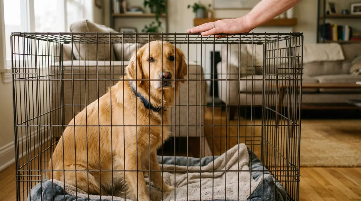 Golden Retriever sitting calmly inside a closed wire crate with owner's hand resting reassuringly on top