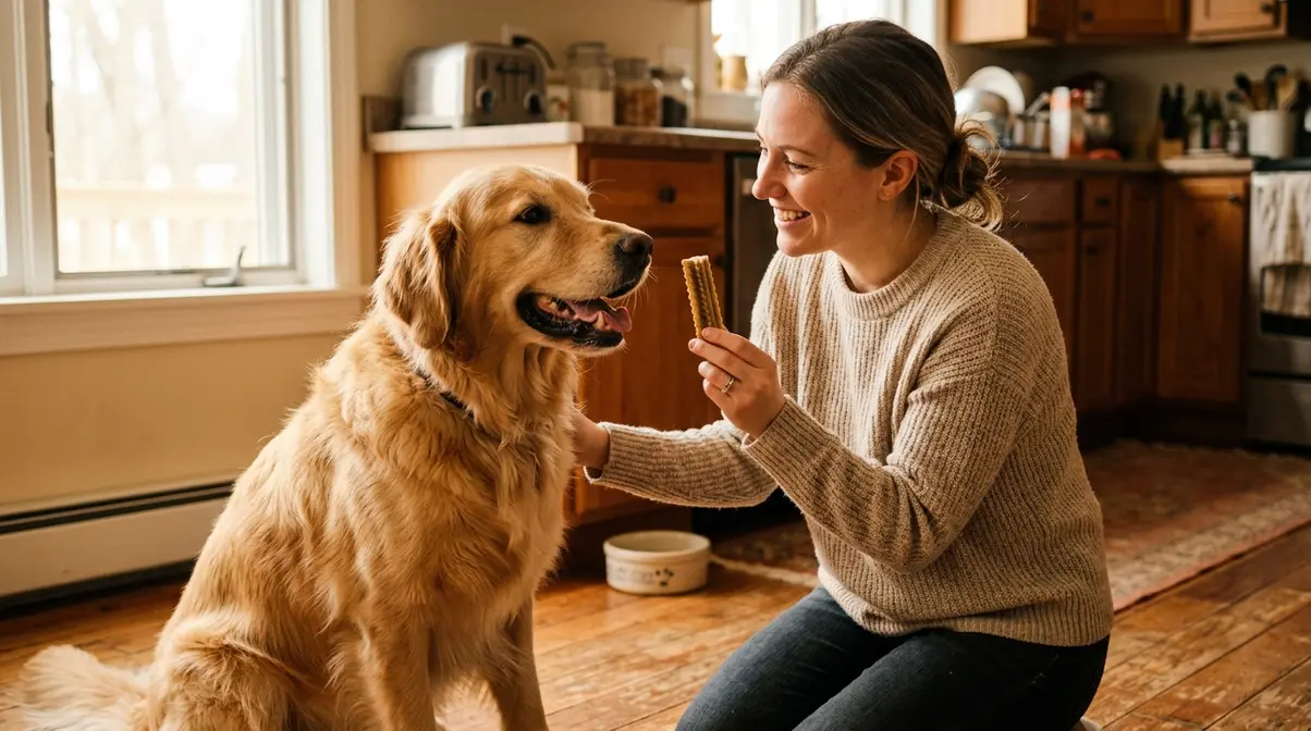 Golden Retriever owner offering a dental chew treat to their dog on a sunny kitchen floor
