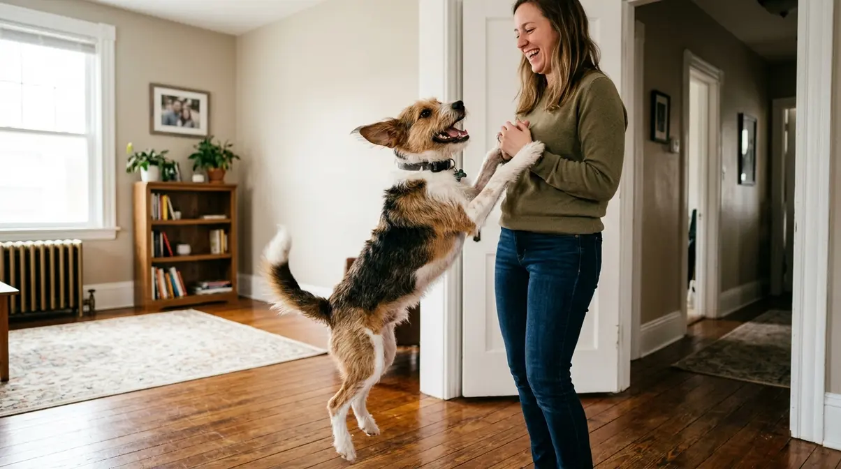 Dog jumping up on a person indoors showing natural greeting behavior and excitement