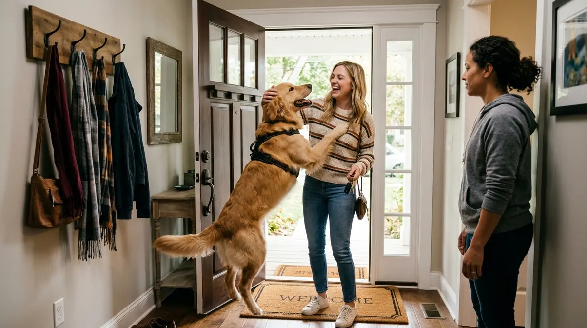Dog jumping on a guest at the front door while owner watches nearby