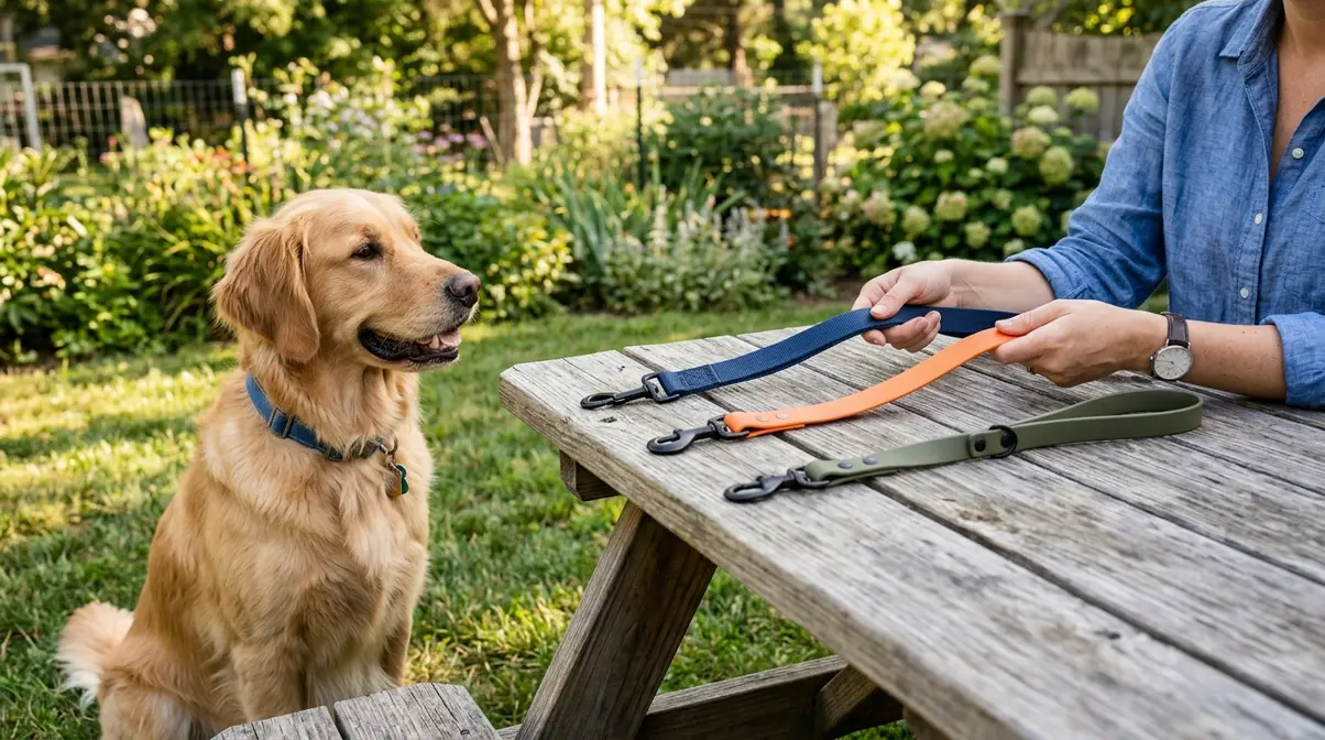 Golden Retriever sitting beside three dog leash types laid out on a wooden table outdoors