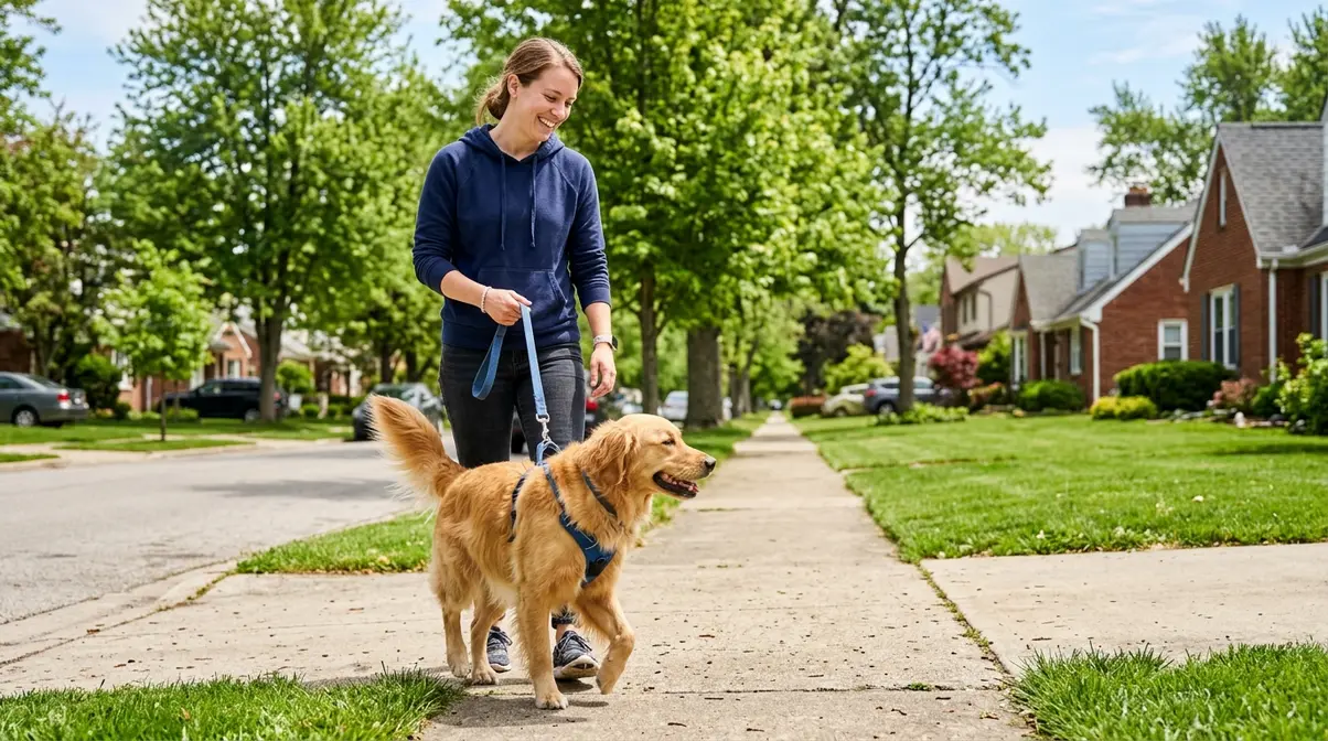 Person walking a happy Golden Retriever on a leash during a midday break from crating on a sunny street