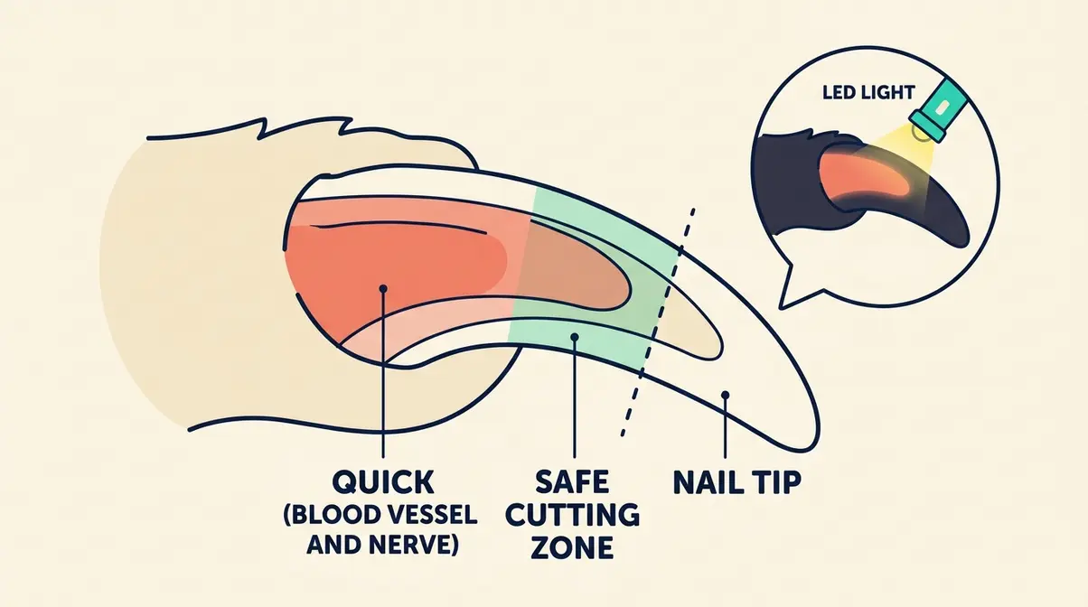 Annotated diagram of dog nail anatomy showing the quick, safe cutting zone, and blood vessel