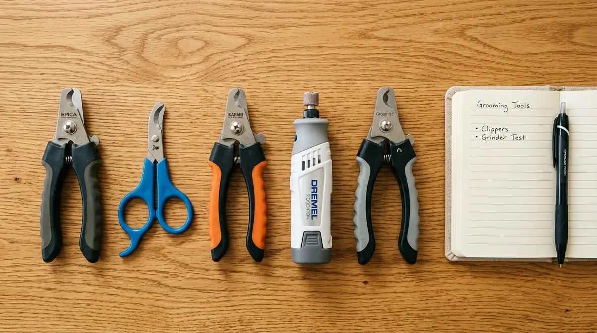 Flat-lay of five dog nail clippers on wooden surface beside notebook for research comparison