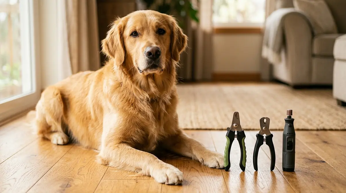 Golden Retriever with paw extended beside three types of dog nail clippers on wooden surface