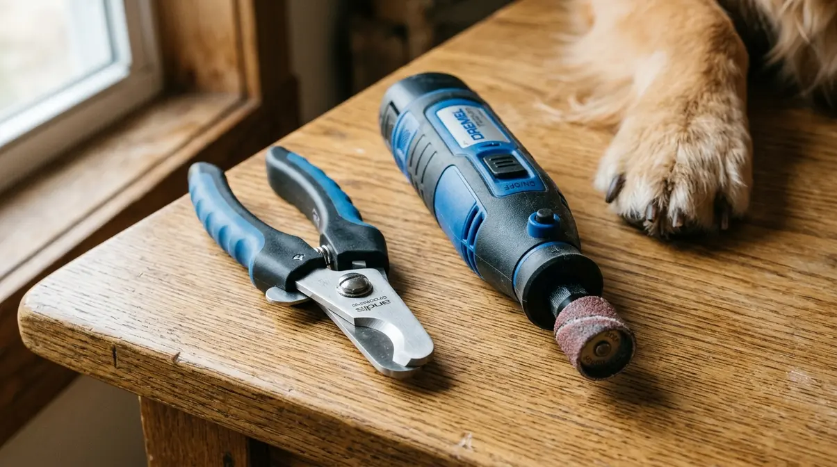 Scissor-style nail clippers and nail grinder side by side on wooden surface with Golden Retriever paw nearby