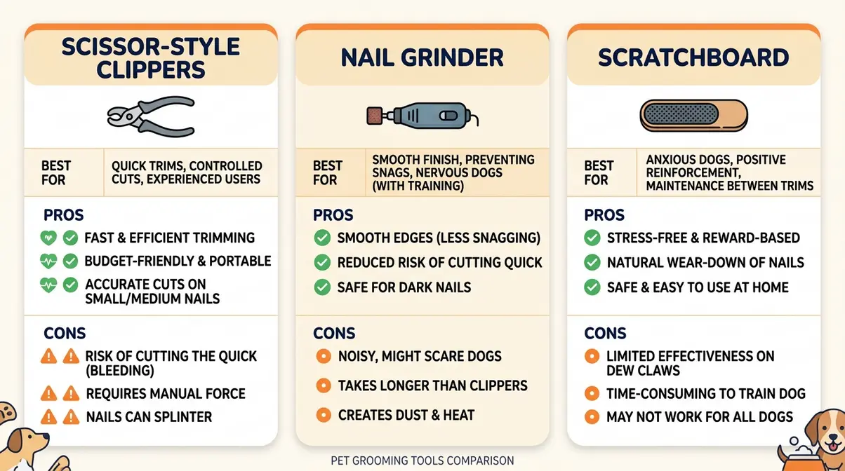 Comparison infographic of scissor clippers, nail grinder, and scratchboard showing pros, cons, and best-use cases