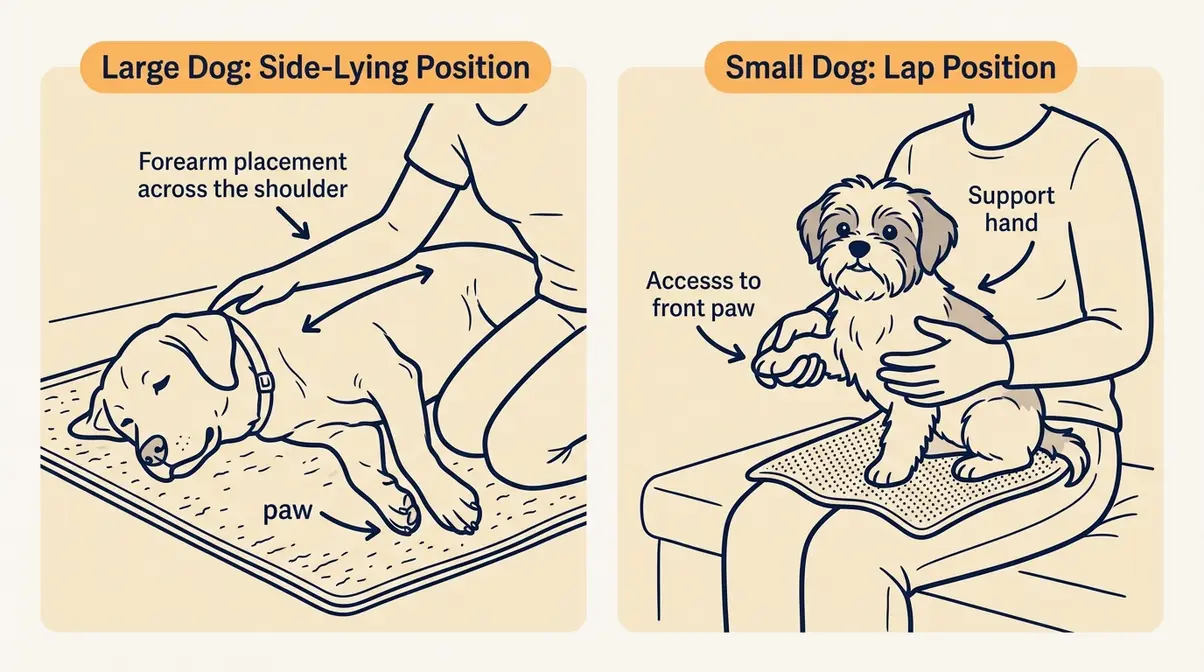 Diagram showing side-lying hold position for large dogs and lap position for small dogs during nail trimming