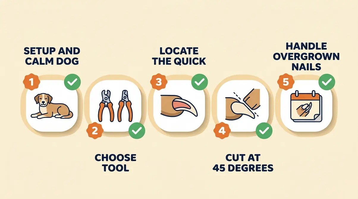 Infographic showing the 5-step process for trimming dog nails at home from setup to verification