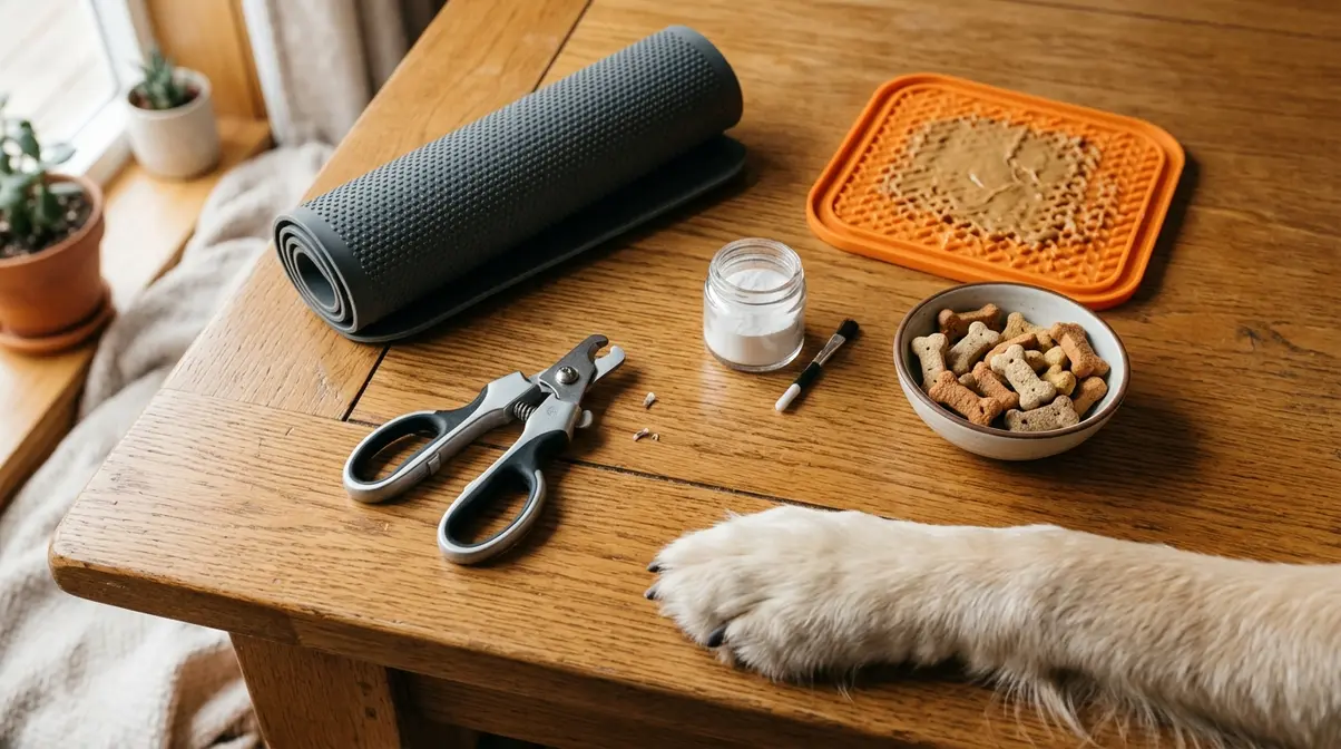 Dog nail trimming tools laid out on wooden surface including clippers, styptic powder, and treats