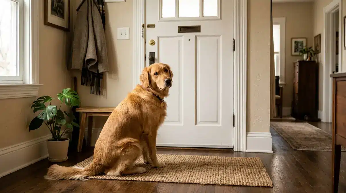 Dog sitting attentively at a closed front door showing a natural potty alert signal