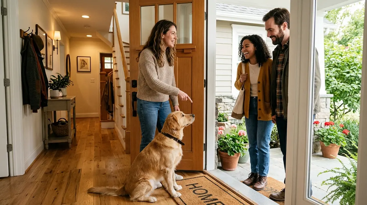 Dog owner briefing visitors at the door while dog sits calmly at their feet before guests enter