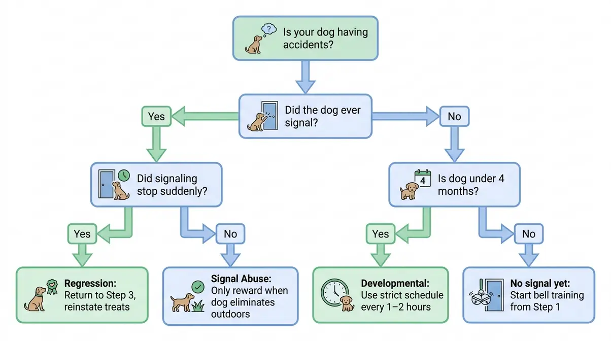 Troubleshooting flowchart for dog potty alert training problems including signal abuse and regression