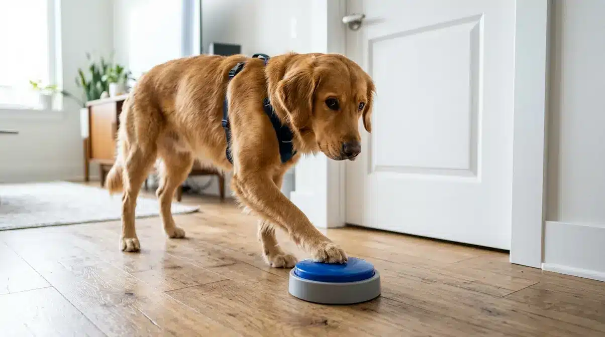Dog pressing a recordable button with its paw near a door as a potty alert signal