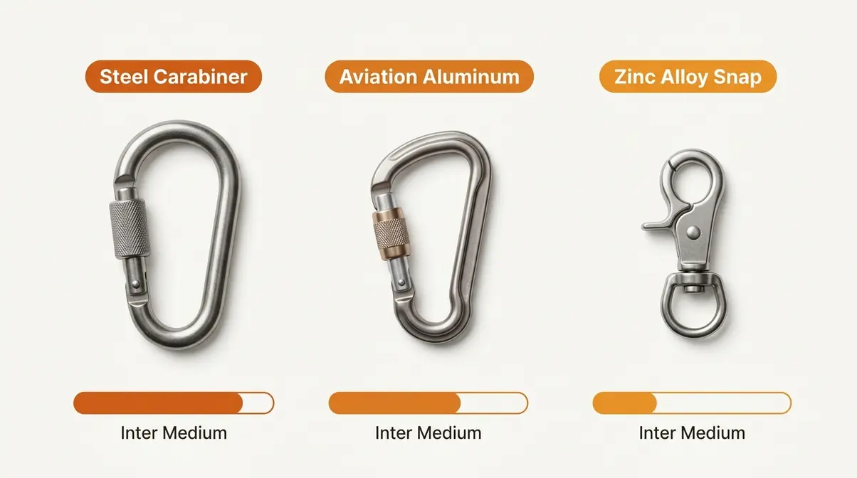 Comparison diagram of steel carabiner, aviation aluminum, and zinc alloy snap for dog car seat belts showing load resistance