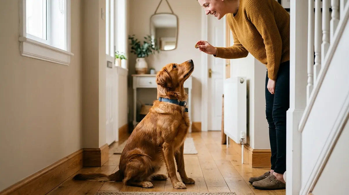 Dog sitting calmly and receiving a treat as reward for alternative greeting behavior during training