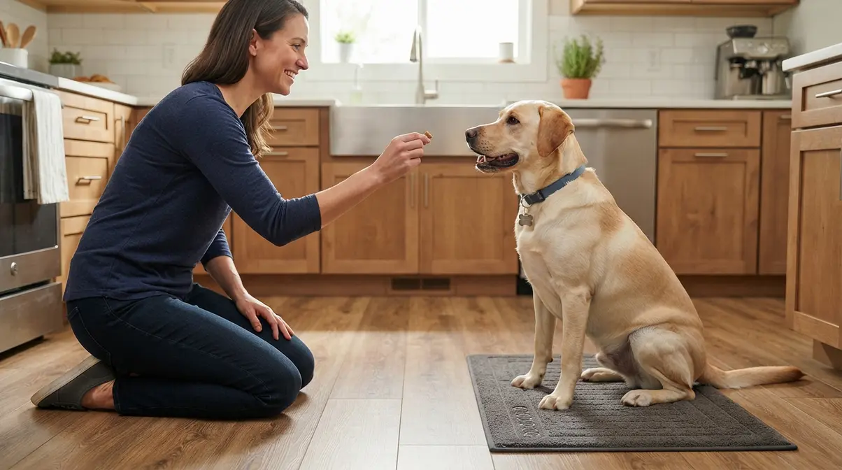 Person training Labrador Retriever with treat reward while dog sits calmly on a mat in kitchen
