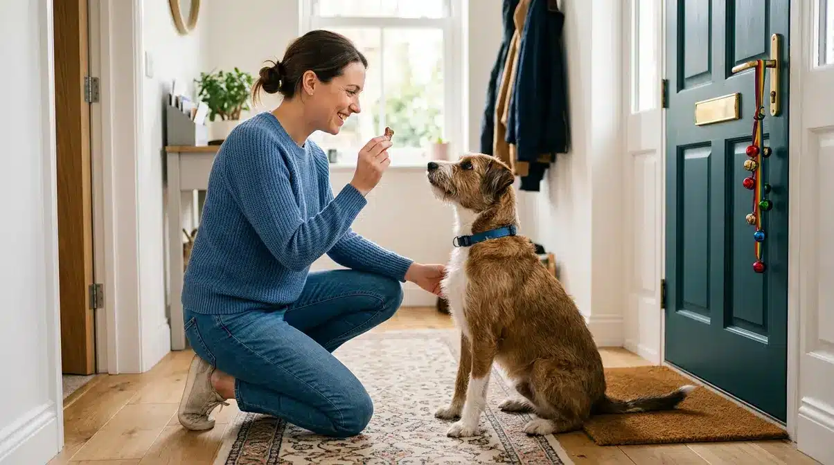 Dog owner kneeling with attentive dog near front door before starting alert training