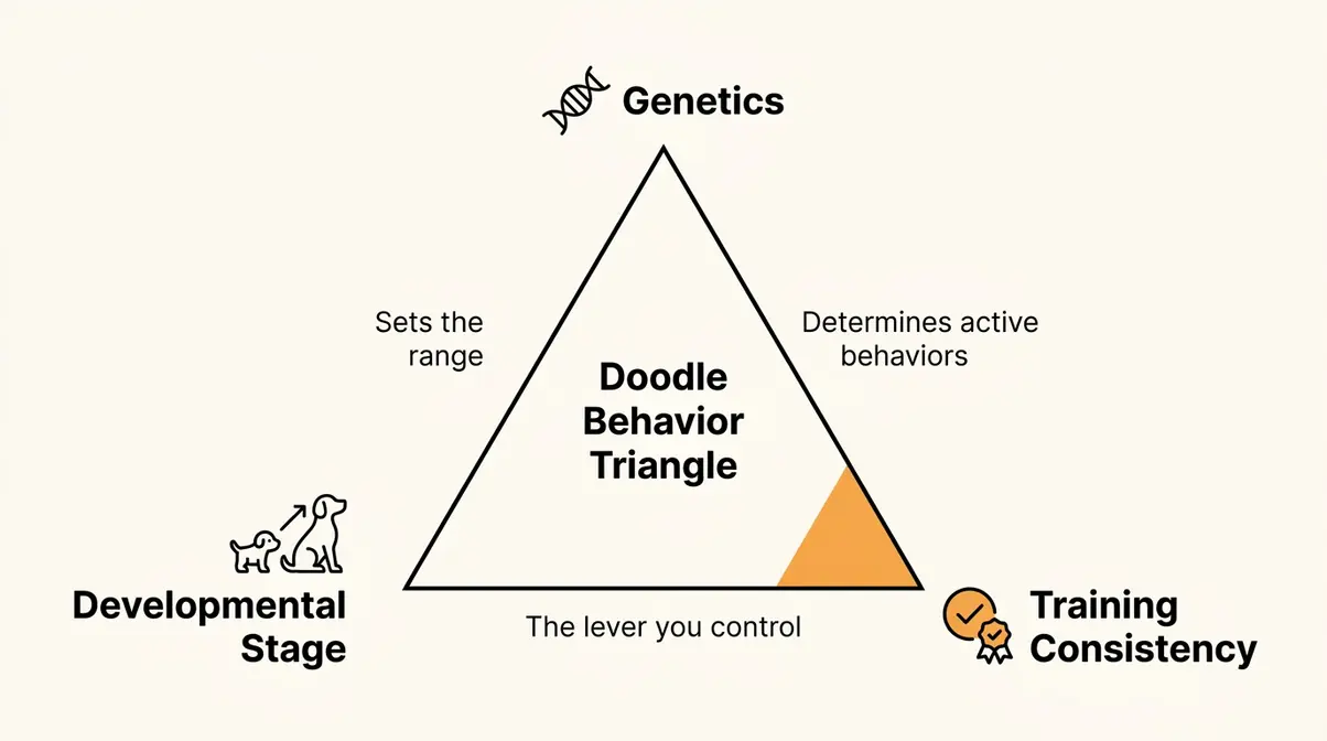 Doodle Behavior Triangle diagram with genetics, developmental stage, and training consistency as the three determining factors